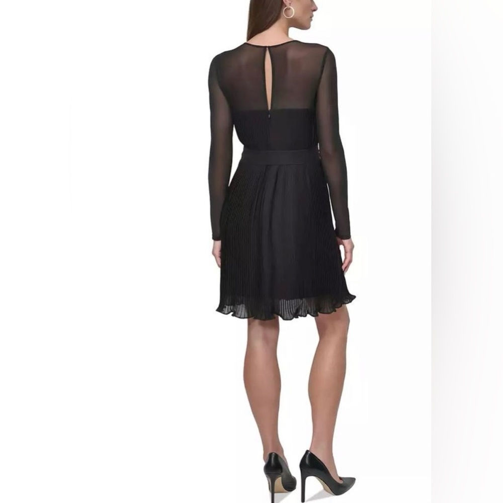 DKNY Women's Chiffon Pleated Tie-Waist Illusion-Mesh Dress Size 16 - Picture 3 of 9